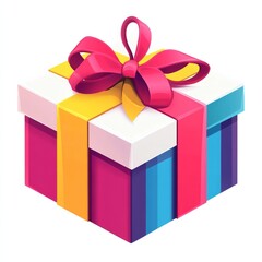 Obraz premium Trendy flat gift box icon featuring bright vibrant colors and symmetrical ribbon bow, on white 