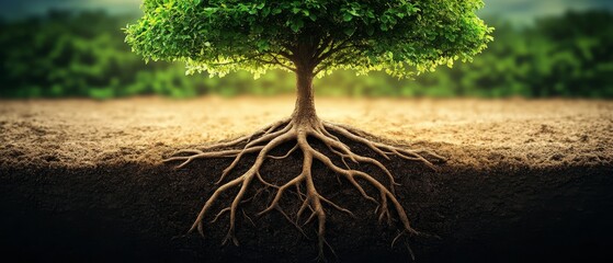 A vibrant tree with sprawling roots, half above ground, symbolizes resilience and growth against a lush green backdrop.