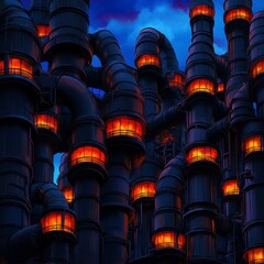 Fototapeta premium Intricate network of industrial pipes illuminated against a twilight sky, showcasing a blend of technology and artistry.