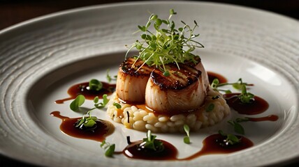 High-end culinary artistry in action: A gourmet dish with precision, utilizing dramatic lighting to highlight textures, vibrant colors, and intricate details in a professional kitchen setting