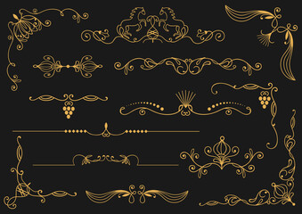 Art deco dividers and corners. Vintage elegant elements. Golden decorative borders. Flourish design. Retro book embellishment. Baroque ornament. Filigree separators. Splendid vector set