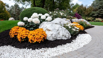 Garden landscaping design colorful flowers, rocks, and pathway
