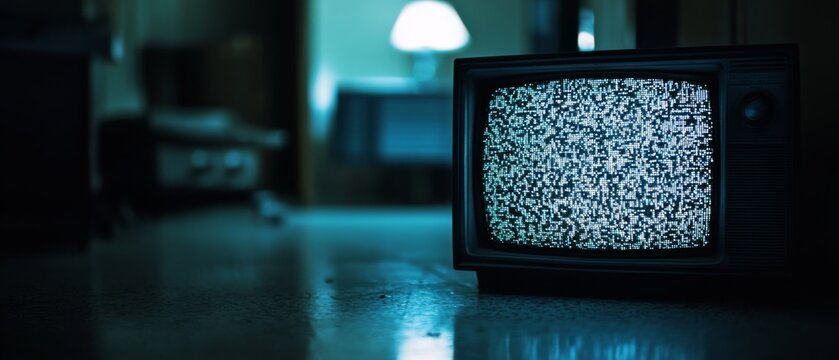 An old television displaying static in a dimly lit room evokes a sense of nostalgia and forgotten stories.