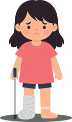 Fototapeta premium A young girl with a sad expression standing on one foot with a bandaged leg and crutches in a flat vector illustration