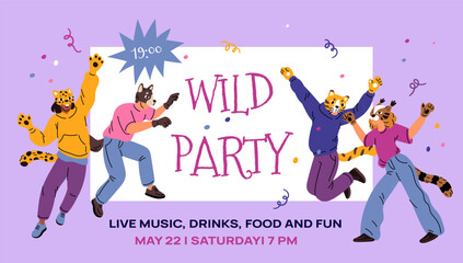 Animal masked people carnival. Modern teen subculture. Funny quadrobers. Party invitation. Pets cosplay. Wildlife imitation costumes. Quadrobica holiday. Garish vector event banner design