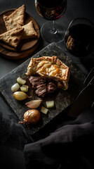 British beef steak pie with onion, wine gravy on rustic stone board