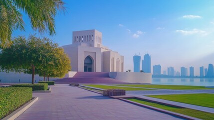 Obraz premium The Museum of Islamic Art is in Doha, Qatar. The picture was taken outside the museum in the park early in the morning at 6:00.