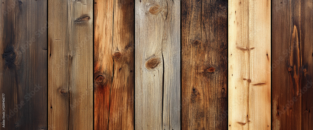 Aufkleber Close-up view of a variety of wooden planks with different textures and colors, showcasing the natural and rustic patterns of wood. Perfect for design and texture backgrounds.