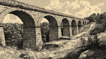 Fototapeta premium The Pont du Gard is an old Roman aqueduct, a man-made channel to carry water. This image is a drawing of the aqueduct.