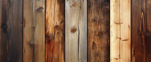 Fototapeta premium Close-up view of a variety of wooden planks with different textures and colors, showcasing the natural and rustic patterns of wood. Perfect for design and texture backgrounds.