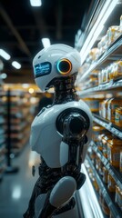 Fototapeta premium A futuristic robot stands in a well-stocked grocery store. This innovative AI suggests a new era in shopping. Explore the blend of technology and daily life. Generative AI