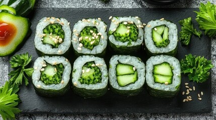 Vegan Cucumber Sushi Rolls on Slate, Garnish