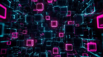 Vibrant digital cubes in a futuristic space creating an immersive experience with neon pink and blue lights