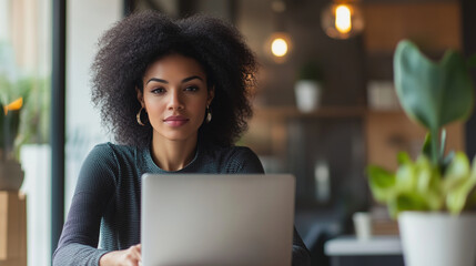 A poised businesswoman working on a laptop in a minimalist, contemporary office