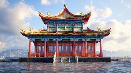 Obraz premium This is a picture of a Chinese-style building. It has a colorful roof and walls. It looks like a temple or a pagoda.