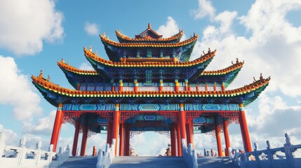 Obraz premium This is a picture of a Chinese-style building. It has a colorful roof and walls. It looks like a temple or a pagoda.