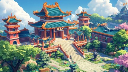 Naklejka premium This is a picture of a Chinese-style building. It has a colorful roof and walls. It looks like a temple or a pagoda.