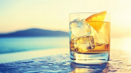 Sunset cocktail, ice, orange, poolside, ocean view, relaxation
