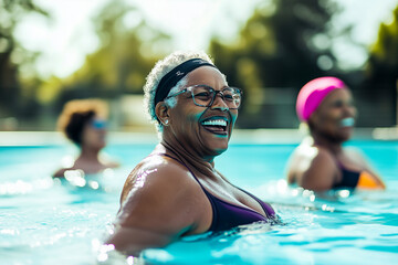 Happy active senior african woman enjoying aquafit class in outdoor pool 