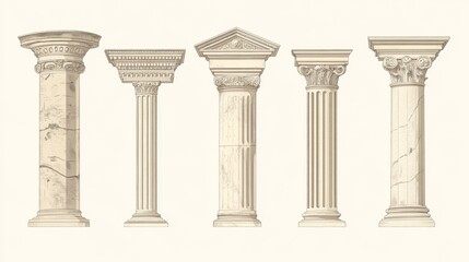 Obraz premium This is a set of illustrations of the five classical architectural orders: Tuscan, Doric, Ionic, Corinthian, and Composite.