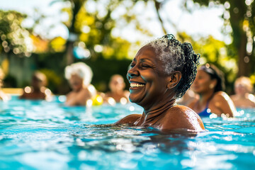 Happy active senior african woman enjoying aquafit class in outdoor pool 