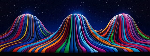 A vibrant and colorful landscape of fabric mountains under a starry night sky, evoking creativity and imagination in a surreal setting