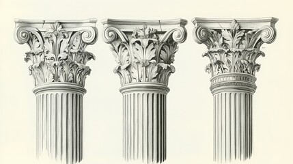 Obraz premium Three types of ancient architectural capitals: Doric, Ionic, and Corinthian. Capitals are the decorative tops of columns. Doric is simple, Ionic has scrolls, and Corinthian has leaves.