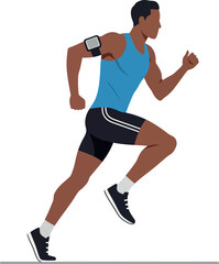 Fototapeta premium Athletic man in blue tank top and shorts running energetically in a flat design showcasing fitness and determination in vibrant vector art