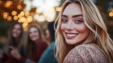 Obraz premium Radiant Blonde Woman Smiling Amid Chatting Friends in Natural Outdoor Lighting