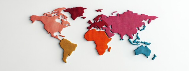 Creative textile representation of a colorful world map, showcasing diverse continents in a modern, artistic style.