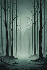 Obraz premium Mystical Foggy Forest with Bare Trees – Surreal and Eerie Nature Landscape Illustration