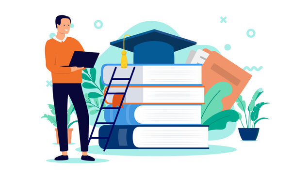 Male student with laptop - Young adult man standing with educational school books using computer and studying or learning online. Flat design vector illustration on white background