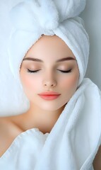 Obraz premium Serene Woman Resting in Soft Towel on Pure White Spa Beauty Concept