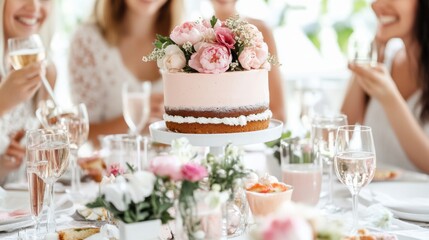 Elegant Spring Bridal Shower Celebration with Floral Cake and Fine Dining