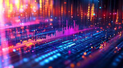 Fototapeta premium A composite of seismogram, waveform, oscilloscope, and musical equalizer elements, depicting a close-up abstract background of sound waves and radio frequencies