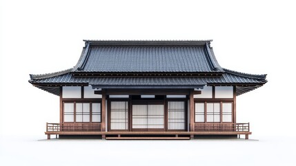 Fototapeta premium Traditional Japanese house building with a flat roof and shields, isolated on white background. Eastern store, construction exterior in Japan, Asia.
