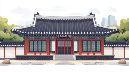 Traditional Korean house, hanok, in flat style. Use this template for card, invitations, poster, or banner for Gyeongbokgung Palace.