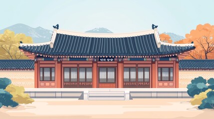 Obraz premium Traditional Korean house, hanok, in flat style. Use this template for card, invitations, poster, or banner for Gyeongbokgung Palace.