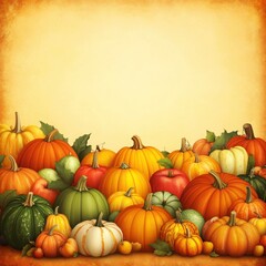 Colorful Autumn Harvest of Various Pumpkins and Gourds on Rustic Background with Space for Text or Messages in Seasonal Decor