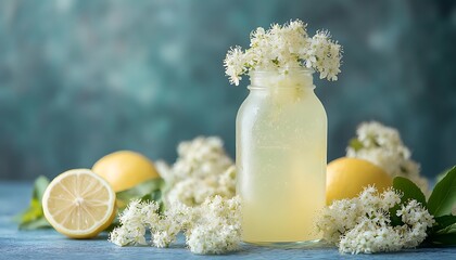 A Refreshing Drink with Lemons and White Flowers Composition