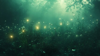 Naklejka premium Illuminated fireflies over a field filled with misty dark green foliage
