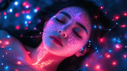 Soft neon lights cast vibrant hues over a serene woman's face as she sleeps, creating an ethereal and dreamlike atmosphere.