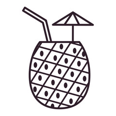 Black and white vector illustration of a tropical pineapple drink with a straw and umbrella, ideal for summer or vacation themes