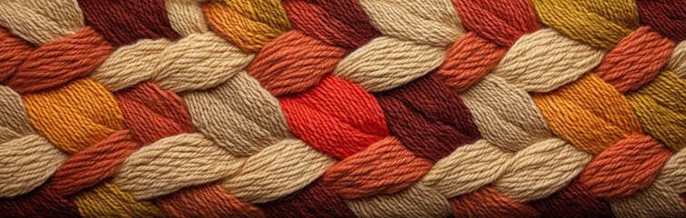 Close Up Of Intertwined Knit Fabric With Autumnal Colors Warm Beige Orange Red And Brown Tones Soft