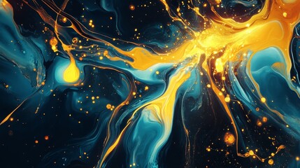 Vivid fluid painting with mixtures of blue, yellow, and gold creates a marbled effect. The golden veins glow, giving it a dreamy and elegant look.