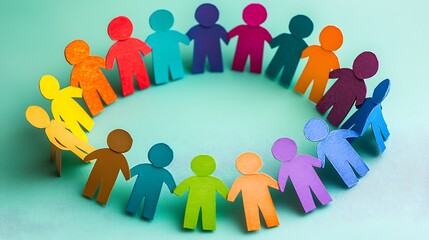 Colorful paper people holding hands in a circle, representing community, on a blue background