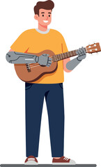Naklejka premium A young man with a robotic arm playing an acoustic guitar in a casual setting, showcasing a minimal design style, perfect for vector illustration