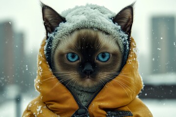 Problem of endangered animals. Sad cute baby cat balinese in winter warm clothes, winter breath from nose and mouth in icy wind. Social marketing - animal care. Cat cold campaign.