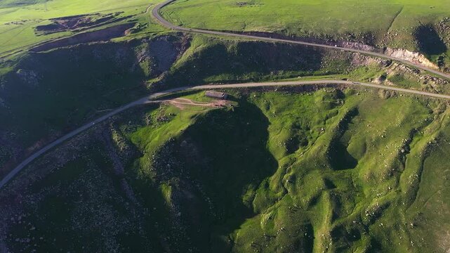 4K aerial drone footage of Vardenyats (Selim) Pass and Orbelyan's (Selim) Caravanserai, connecting Vayots Dzor and Martuni near Lake Sevan, Armenia. A historic Silk Road site in Geghama mountains