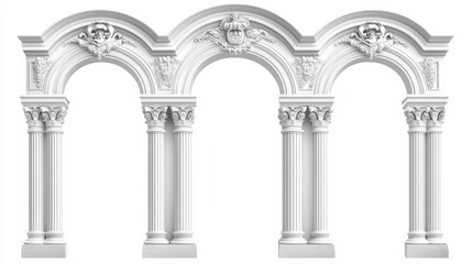 Naklejka premium White clay ancient Roman arch with ornate designs. Realistic 3D vector illustration set of Greek stone pillars for temple building doors or windows. Classic antique architectural archway.